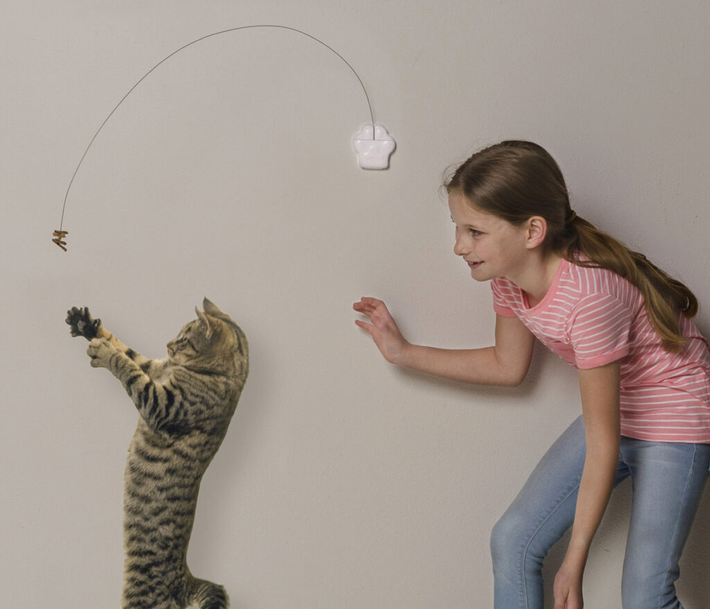 Cat and girl playing with a Cat Dancer Deluxe cat toy.
