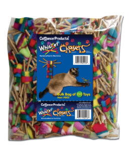 Bulk bag of 100 Whisker Chasers cat toys.